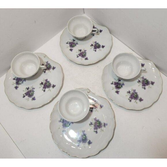 4 Mid Century Modern Shell Shaped Violets Bone China Luncheon Plates And Teacups - Picture 2 of 11